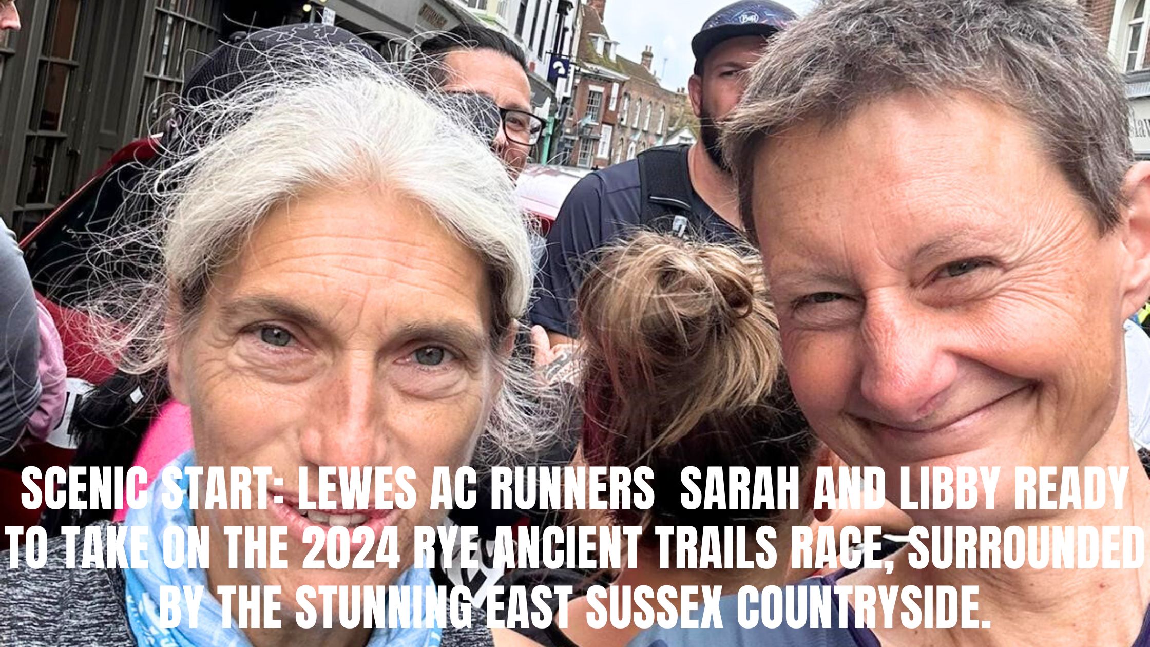 Scenic Start: Lewes AC runners Sarah and Libby ready to take on the 2024 Rye Ancient Trails race, surrounded by the stunning East Sussex countryside.