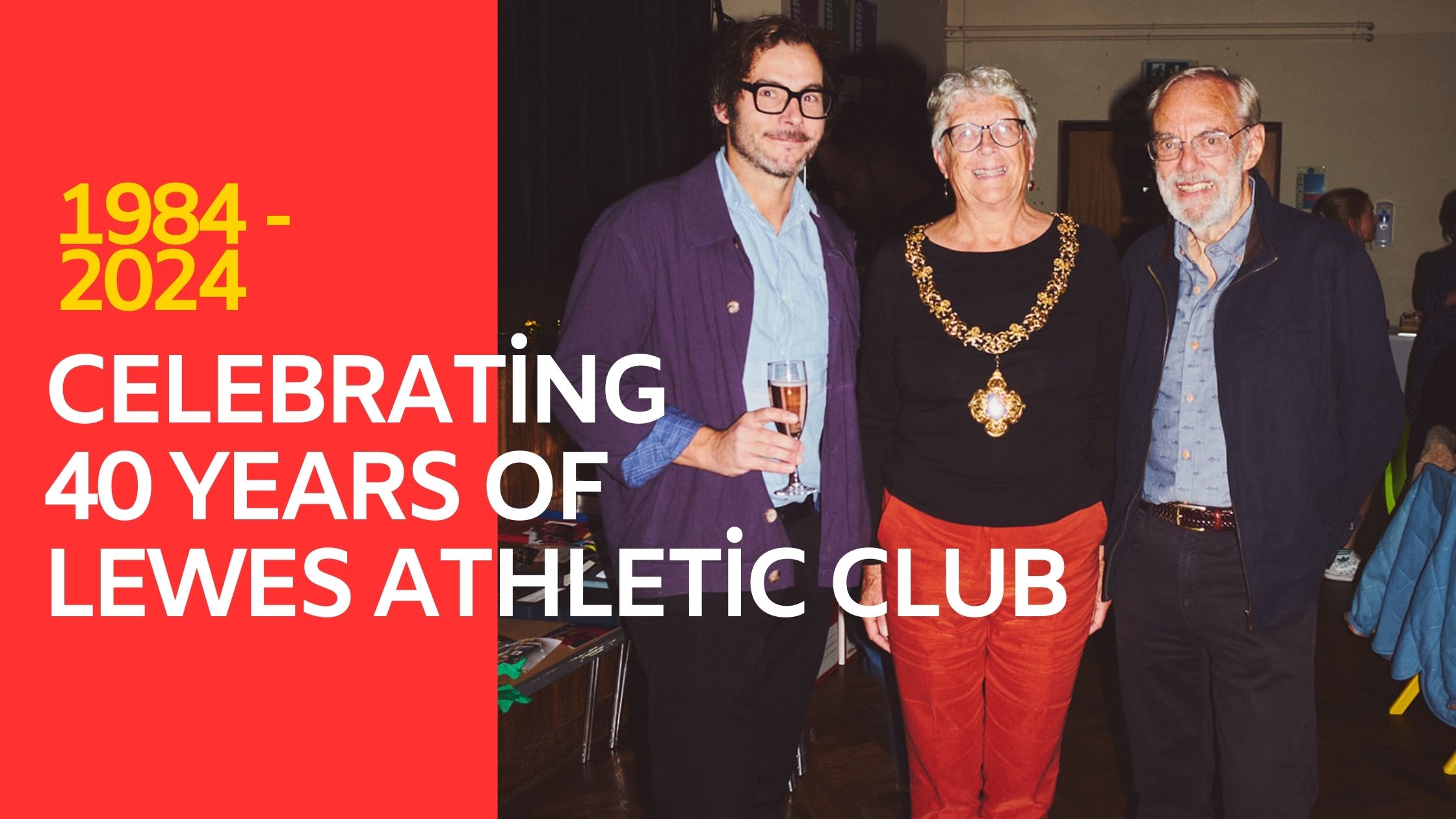 Incoming Chair Philip Westbury, Lewes Mayor Imogen Makepeace and outgoing Chair Pete Masters celebrate 40 years of Lewes Athletic Club at Gala Dinner