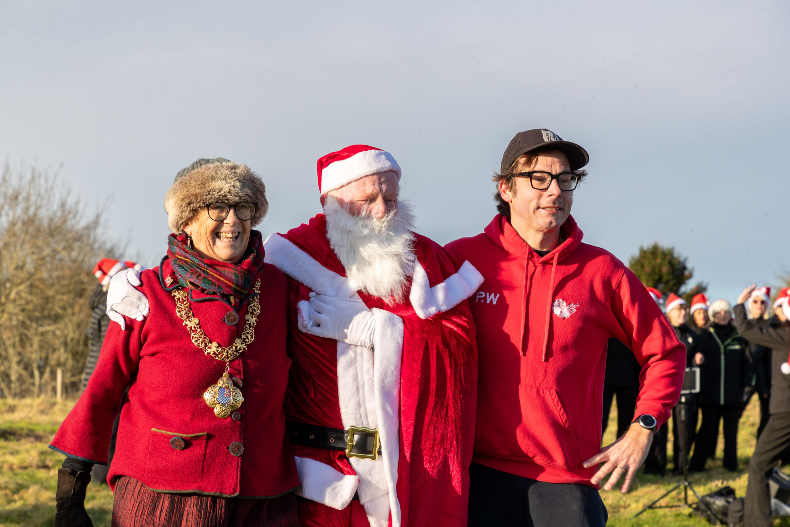 Lewes Mayor Imogen Makepeace, LAC Chair Philip Westbury and Father Christmas start the third annual Lewes Downland Santa Run