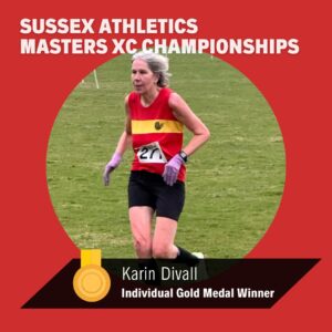 Lewes AC member Karin Divall wins individual gold at the Sussex Athletics Masters XC Championships