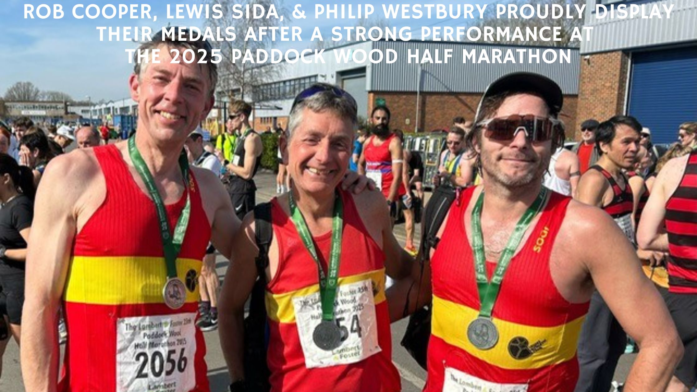 Lewes AC's Rob Cooper, Lewis Sida, and Philip Westbury proudly display their medals after a strong performance at the Paddock Wood Half Marathon